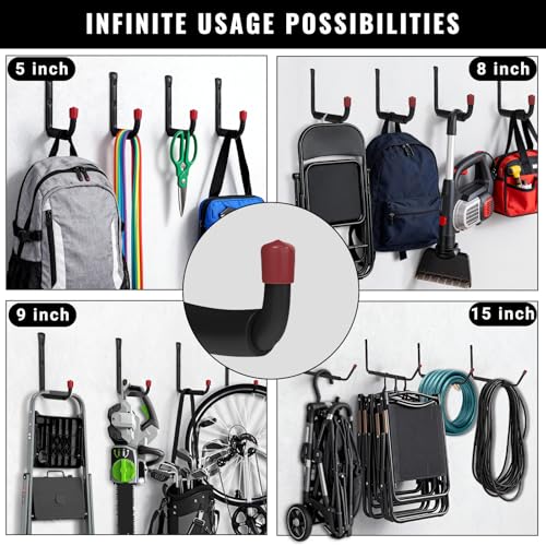 BRCRXW 6 Pack Garage Hooks Heavy Duty, 5.51 Inch Easy to Install Steel Ladder Storage Hooks, Wall Mount Organizer with EVA Pads for Kayaks, Bikes, Chairs, Tools