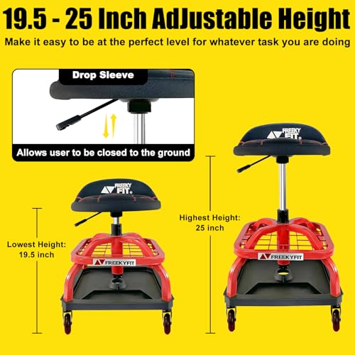 FreekyFit Rolling Stool with Red Wheels, Heavy Duty Garage Work Mechanic Rolling Shop Stool with Backrest, Adjustable Height 360°Swivel Roller Mechanic Chair with 2 Tool Trays, 330 LBS Capacity