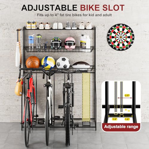 Kificet 4 Bike Stand, Bike Rack Garage with 3-Tier Storage Rack, Bicycle Stand for Garage Organizer, Indoor Sporting Gear Storage Station for Mountain/Road/Hybrid & Fat Tire Bike, Patent Pending