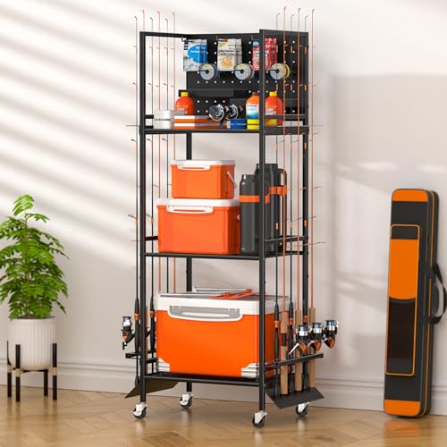 GloCryp 12-Rod Fishing Pole Holders for Garage, 3-Shelf Fishing Rod Holder with Pegboard and Trays, 360° Rotatable, Rolling Fishing Storage Cart with Wheels for Tackle Box & Fishing Gear Organization