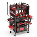 JUNNUJ Garage Large Power Tool Organizer Cart with 20A Charing Station, Heavy Duty Drill and Tools Battery Holder Storage Rack, Floor Standing Rolling Tool Cart on Wheels, Red