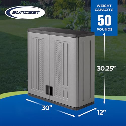 Suncast Wall Storage Cabinet for Garage Organization - 4 Cu. Ft. Wall Mounted Garage Cabinet with Shelf for Garden Supplies, Paint Cans & Outdoor Tools, Multi-Wall Resin Construction, Platinum