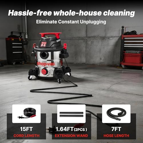 Shop-Vac 8 Gallon 4.5 Peak HP Wet/Dry Vacuum, Stainless Steel Tank, Portable with Drain Port, Blower Port, Hose and Accessories for Garage, Workshop, Jobsite, and Patio