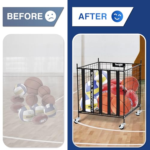 YES4ALL Metal Rolling Sports Ball Storage Cart with Lockable Wheels – Heavy-Duty Basketball, Football & Volleyball Holder for Garage, Gym or School – Large Equipment Organizer with Easy-Access Elastic Bands