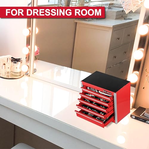 P.I.T. Mini Tool Box 8.6"W X 4.6"D, Portable 5-Drawer Micro Steel Stackable Toolbox with Liner, Red Cute Tool Case for Small Tools Parts Storage, Home DIY