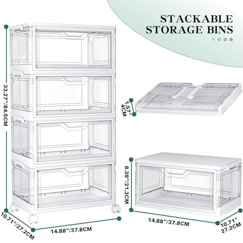 Kmiectse Clear Storage Bins with Lids - 4 Tier Plastic Bins with Wheels, Stackable Storage Bin, Closet Organizers Box for Bedroom, Living Room, 23 QT Folding Box with Magnetic Door