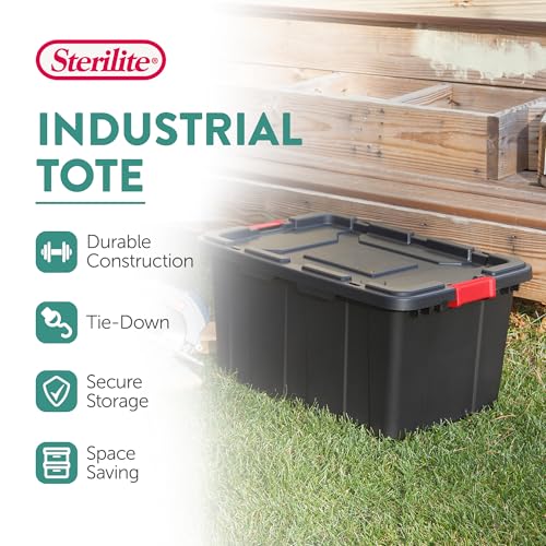 Sterilite 12-Pack Industrial Tote, Plastic Storage Bins with Lids, 27 Gallon, Black - Heavy-Duty Organizing Containers for Closet, Bathroom, and Office