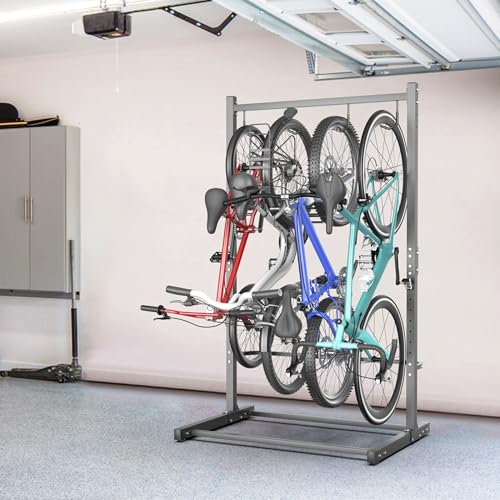 TORACK Garage Freestanding Hanging Bike Stand for Garage, Heavy Duty 4 Bikes Vertical Bike Storage Stand Floor Bike Storage Rack