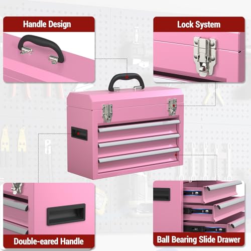 Kieperi 3 Drawers small Tool Box, Portable 3 Drawer Steel Tool Box with Locking System toolbox organization with Liner for Tools Storage (Pink)