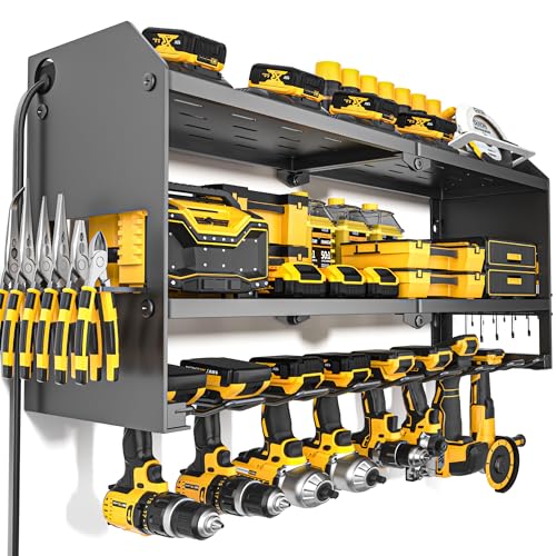 YYR Power Tool Organizer with Charging Station Wall Mount, Cordless Drill and Battery Holder for Garage Organization, Electric Tools Storage Rack Build in Surge Protection Power Strip - Black Shelf