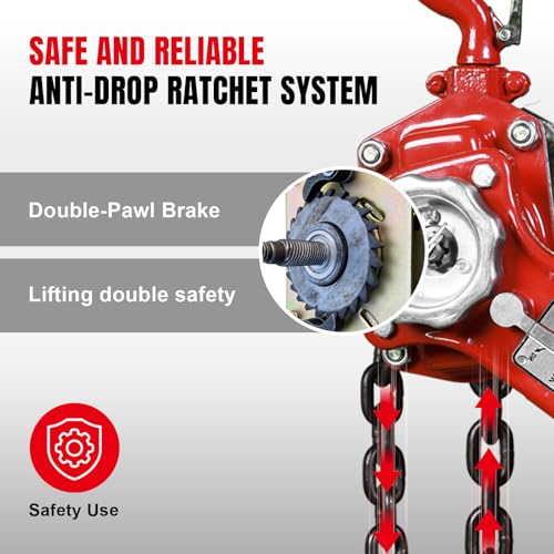Big RED Manual Lever Chain Hoist,1-1/2 Ton 3000 lbs Capacity Come Along,G80 Grade Steel with Double-Pawl Brake,2 Heavy Duty 360° Rotation Hooks for Garage Factory Warehouse Ports Automotive Machinery