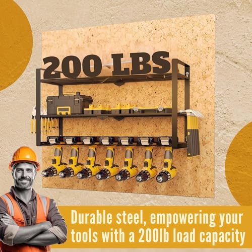 MAVIKS 3 Shelf 7 Drill Holder Power Tool Organizer Wall Mount, Tool Storage Rack for Garage, Pegboard, Workshop walls | Compatible for all type of Cordless Power tools Comes With J hooks for Cords