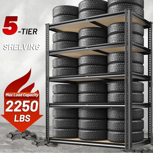 ROOMFAVE 2250LBS Storage Shelves Heavy Duty 5 Tier Garage Storage Shelves, Adjustable Metal Shelving Unit Utility Rack Shelf for Warehouse,Pantry,Closet,Kitchen 72" H x 35.56" W x 16" D, Black,Gift