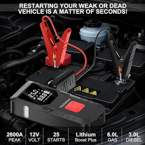 Nicholaus 12 V Car 8000 mAh Battery Jump Starter 2800A with 150psI Air Compressor, Compact and Practical Edition QB08L Safe Smart, Portable Jump Box and Charger for 6.0L Gas and 3.0L Diesel Engines.