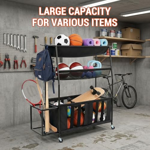MyGift Garage Sports Equipment Organizer, 3 Tier Metal Ball Storage Bin with Wheels and Mesh Fabric Shelf Baskets, Rolling Gym Equipment Yoga Mat Storage Stand with Ball Toy Bins and 6 Hooks
