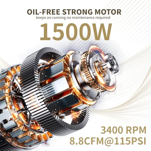 BairDplusL 8 Gallon Ultra Quiet Air Compressor 110V/60Hz 1.5HP 8.8CFM MAX 115PSI Steel Tanks Oil-Free 70dB Noise Level Light & Quiet Portable Air Compressor with Wheels, Auto Repair