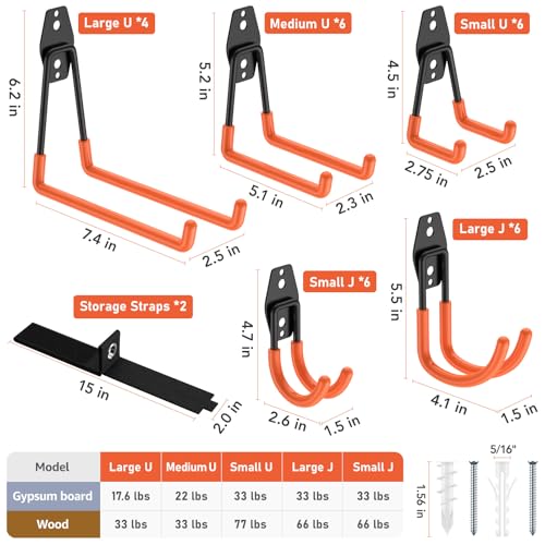 Cpais Garage Hooks with Anti-Slip Coating,Heavy Duty Wall Mount Storage Hooks for Hanging Bike,Hose,Ladder,Yard,Garden Tools (30 Pack Orange)