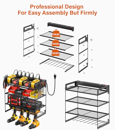 JUNNUJ Power Tool Organizer with 10 Outlet Power Strip, 4 Layer Wall Mount Drill Holder with Charging Station, 4 Drills Storage Shelf Shop Garage Utility Rack, Black