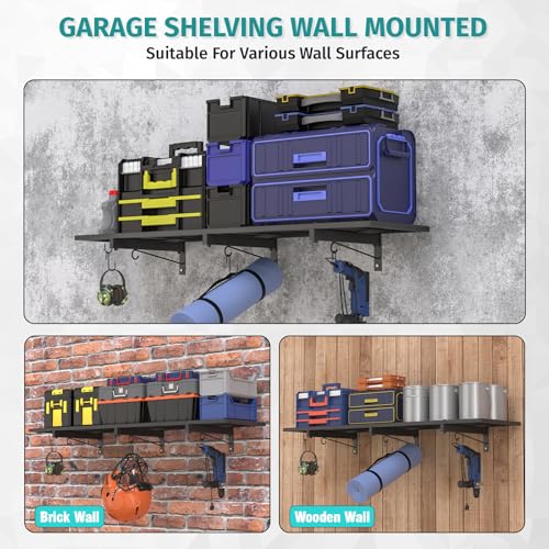 2 Pack Garage Wall Shelving, 46'' x 12.6'' Garage Shelf Wall Mounted, Heavy Duty Storage Shelves 360 LBS Capacity, Floating Storage Rack with 8 Hooks, Metal Shelf Organizer for Basement, Workshop