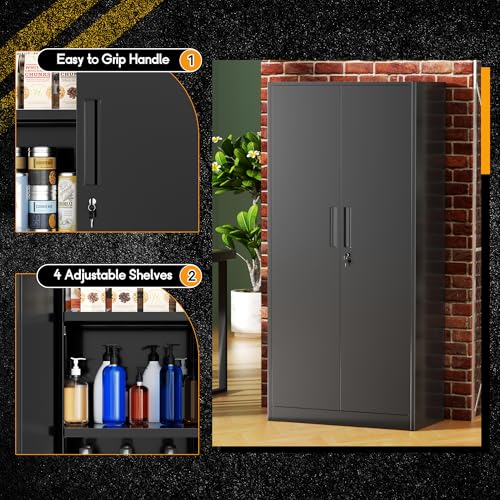 Greenvelly Storage Cabinet, 72” Black Garage Steel Locking Cabinet with Doors and 4 Adjustable Shelves, Tall Lockable File &Tool Cabinet for Home Office, Metal Classroom Cabinet Basement