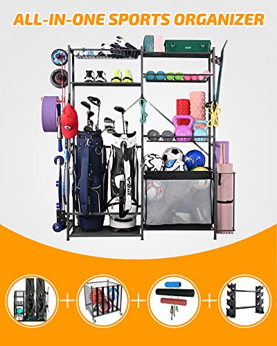 PLKOW Golf Storage Ball Rack Garage Organizer, 2 Golf Bag Organizer and Other Sports Equipment Organizer for Garage, Extra Large Size Sports Storage Rack for Garage
