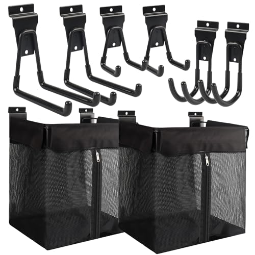 ZORUNNA 2PCS Slatwall Basket with Zipper, 6 PCS Heavy Duty Hooks, 16x15x11 Inch Slatwall Accessories, Easy to Install Garage Storage Mesh Basket for Shop Gym Toy Display Storage.