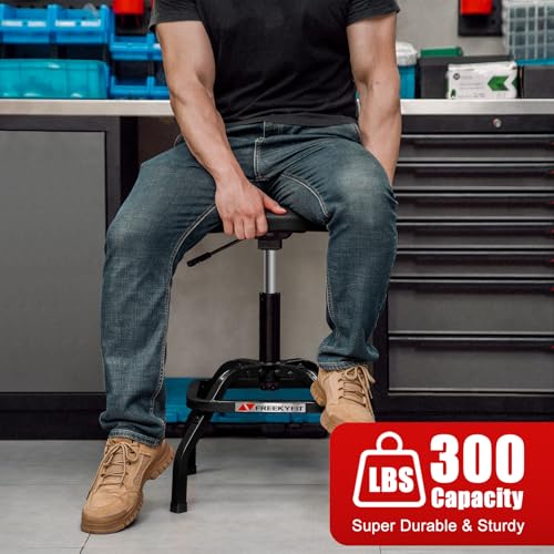 FreekyFit Shop Stool with Backrest, Mechanic Garage Stool for Workshop, Adjustable Shop Stools Chair, Padded Workbench Stools for Men Women, 300 LBS Capacity, 360° Swivel PVC Seat, Heavy Duty, Black