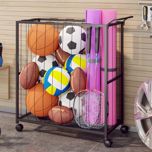Homsorout Ball Storage Bin Rolling Sports Ball Cart, Metal Garage Organizer Sport Rack, Ball Basket Storage, Ball Cage for Garage or Gym, Indoor & Outdoor Sports Equipment Organizer Black