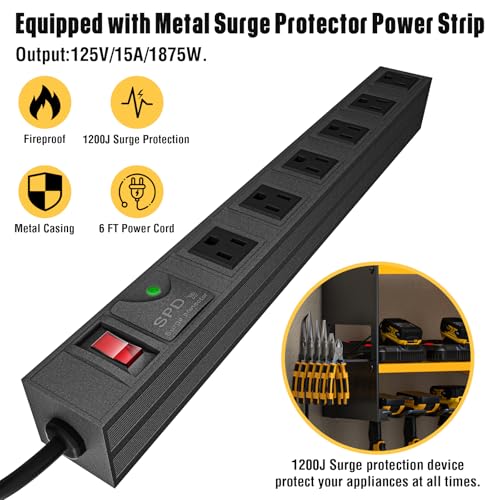 YYR Power Tool Organizer with Charging Station Wall Mount, Cordless Drill and Battery Holder for Garage Organization, Electric Tools Storage Rack Build in Surge Protection Power Strip - Yellow Shelf