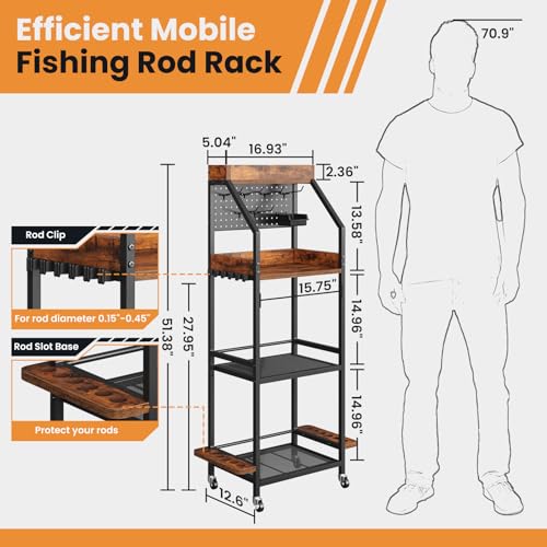 KITIVIALA Fishing Rod Holder for Garage with Hooks & Pegboard, 3-Tier Fishing Pole Rack Holds 12 Rods, Rolling Fishing Rod Storage Organizer with Wooden Tool Box, Fishing Tackle Shelf for Anglers
