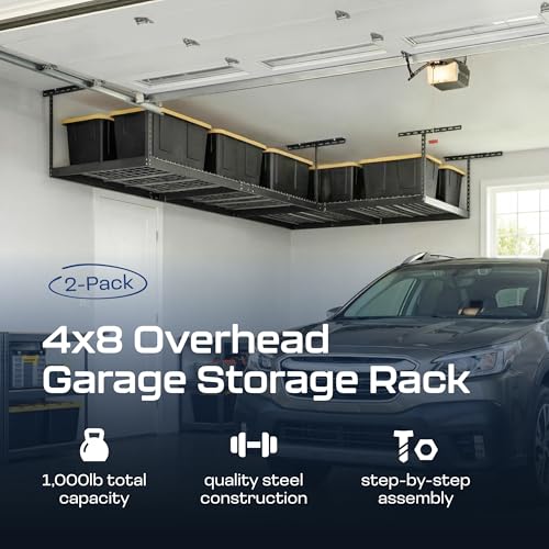 2-Pack 4 x 8 MonsterRax Overhead Garage Storage Rack, Ceiling Racks for Garage, Organization Shelving, Adjustable Hanging Shelf, Grey, 12"-21" Height Adjustment