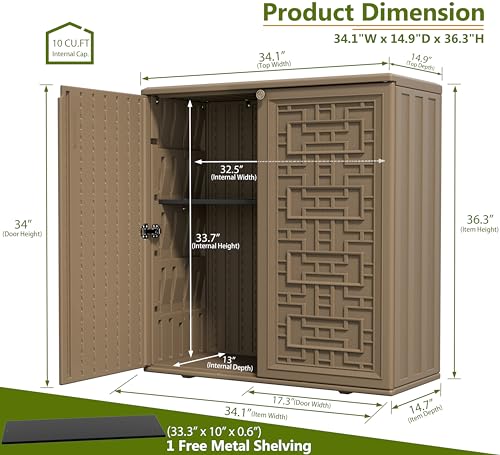 ZZM HDPE Outdoor Storage Shed, Outdoor Plastic Storage Cabinet, Horizontal Resin Tool Shed for Garden, All Weather Outdoor Storage Clearance, DIY Usage, with one Shelf (Coffee)