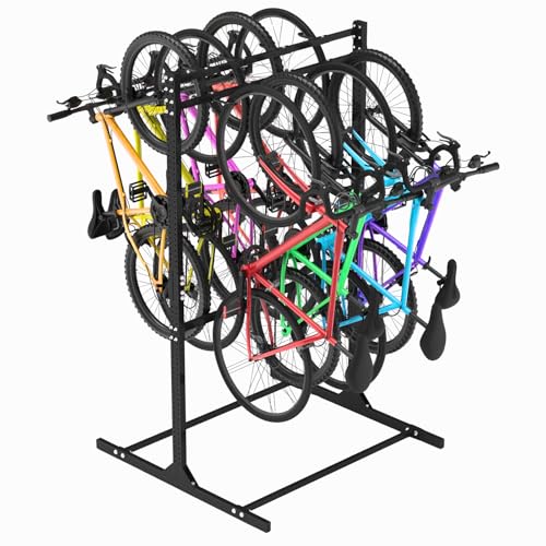 LAJIAOZ Vertical Bike Rack, 8 Bike Freestanding Storage System, Heavy Duty Floor Stand for Garage & Indoor Use, Adjustable Staggered Design for Mountain, Road, and Kids Bikes, 300 lb Capacity