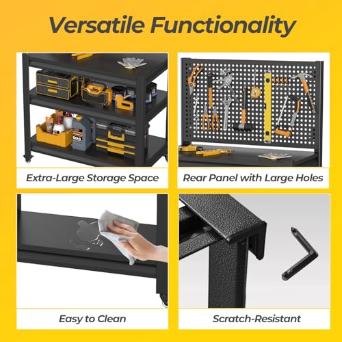 Work Bench with Pegboard,Heavy Duty Workbench with Wheels Adjustable Shelves,Tool Cart,Work Table for Garage Warehouse47.2 H*33.46" W*18" D