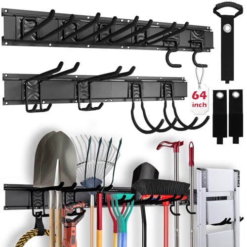 SEDY 64" Heavy Duty Garage Storage Tool Organizer Wall Mount - Tool Rack with Adjustable Hooks, Anti-Rust, 300lbs Capacity - Easy Installation (4 Racks, 10 Hooks, 3 Straps)