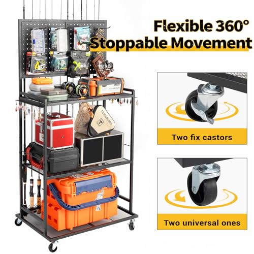 SOYEEZE Large Size Fishing Rod Holders for Garage, 3-Tier Fishing Pole Rack with Pegboard and Hooks, Fishing Gear Tackle Box Organizer Up to 12 Rods, Rolling Fishing Storage Cart with Lockable Wheels