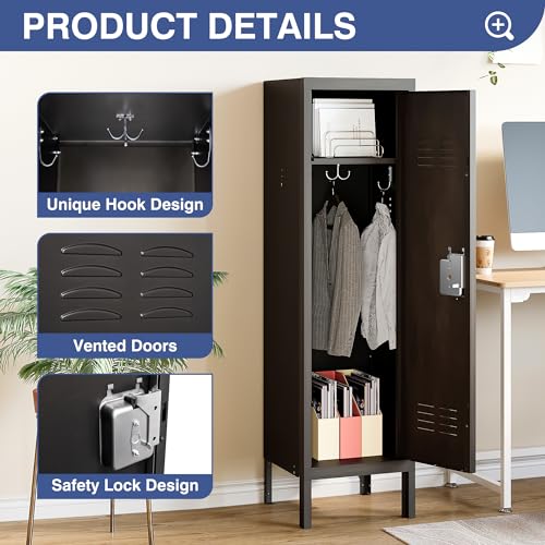 Anxxsu Metal Storage Locker, Lockable Employees Metal Locker with Door, 55" Height Steel Locker for Home, School, Office, Gym (Retro Black)
