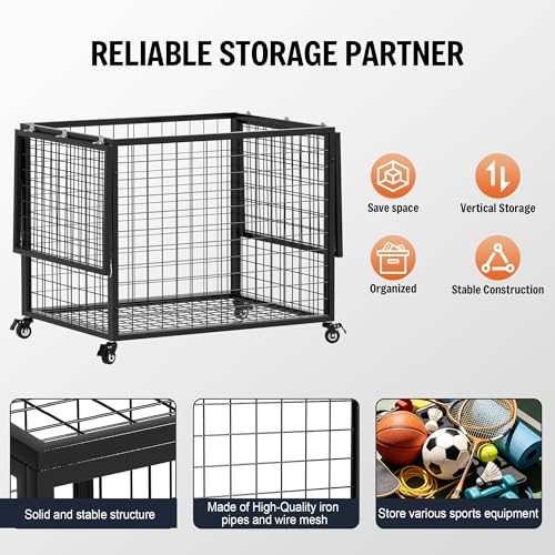 Ball Cart Garage Sports Equipment Organizer with Lockable Lid, Basketball Storage Bin for Indoor Outdoor, Rolling Exercise Ball Cart Holder for Gym, School, Club