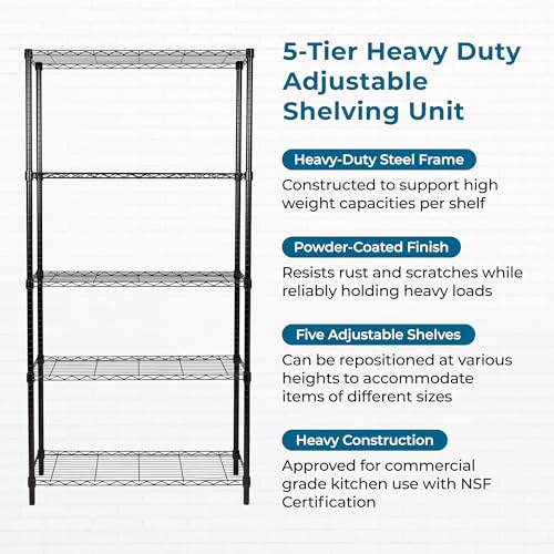 Honey-Can-Do 5-Tier Heavy-Duty Adjustable Shelves, Metal Storage Rack with 200-lb Shelf Capacity, Black, 14" W x 36" L x 72" H
