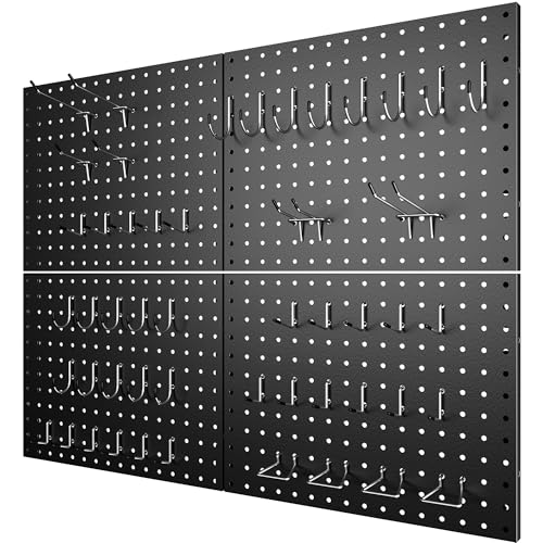 7S garage 4 Pack Metal Pegboard Panels with 50 Hooks, Black Pegboard Wall Organizer, Pegboard Accessories, Heavy Duty Garage Tool Storage System for Workbench, Workshop, Office, Craft Room