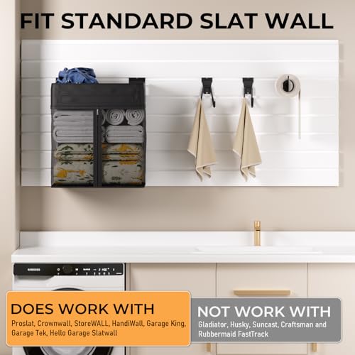 INCLY 10PCS Slatwall Accessories Kit, 2 Pack Large Mesh Slatwall Baskets with Zipper & 8PCS Heavy Duty Slat Wall Hooks, Mounted Slat Wall Accessory for Garage Home Storage & Organizing