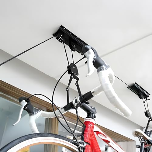 Heavy Duty Garage Ceiling Bike Hoist & Lift System - 100lbs Capacity Overhead Storage Rack for Bicycles, Kayaks, Ladders & Canoes,Space-Saving Pulley Hoist with Secure Locking Mechanism & Wall Hooks