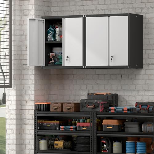 STEELIST Steel Wall Cabinet, Heavy Duty Hanging Garage Storage Cabinet with Adjustable Shelf & Locking Doors, Wall Mounted Metal Garage Cabinet for Workshop, Utility Room, Shed, Black/Grey