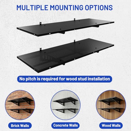 ZONEGRACE 2-Pack 1.5x4ft Garage Shelving Wall Mounted, 500 Lbs Heavy Duty Wall Shelves, Flat Metal Shelf Wall Mount For Garage Storage Wall With Complete Install Kit & Hooks, Black