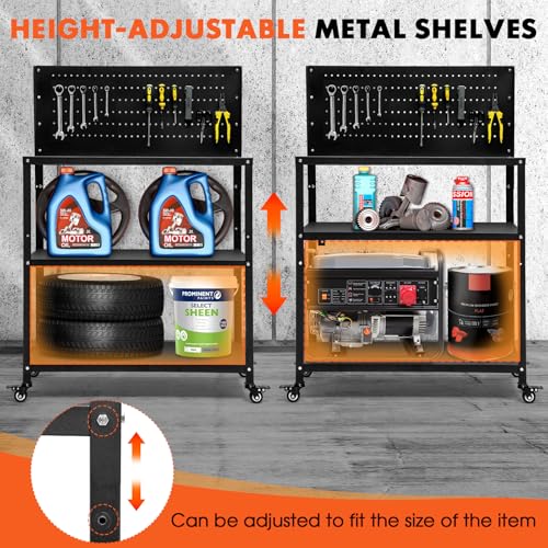 OLBRUS 50.4 X 33.4 Inch Workbench,Heavy Duty 200LBS Steel Work Bench with Pegboard and Lockable Wheels, Rolling Tool Storage Work Table for Garage Workshop Warehouse (50.4" X 33.4")