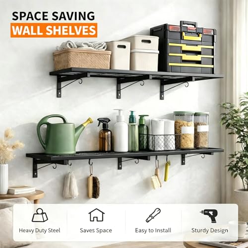 2 Pack Heavy Duty Garage Wall Shelves, 46"x12.5" Wall Mounted Floating Storage Shelf with 8 Hooks, Reinforced Powder Coated Steel Industrial Shelving, 380 LBS Load Capacity for Basement Workshop Shop