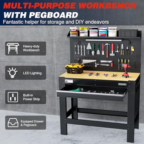 WORKPRO 45" Garage Workbench with Storage, Heavy-Duty Workbench with Pegboard, Power Outlets and Light, 800 LBS Work Bench for Garage, Warehouse, Workshop, Repair Shop