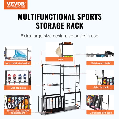 VEVOR Golf Storage Garage Organizer, 2 Golf Bag Storage Stand Holder, Other Sports Equipment Storage Rack, Outdoor Ball Cart, Sports Gear, Toys Storage Shelves Baskets Hooks Christmas Crafts Xmas Gift