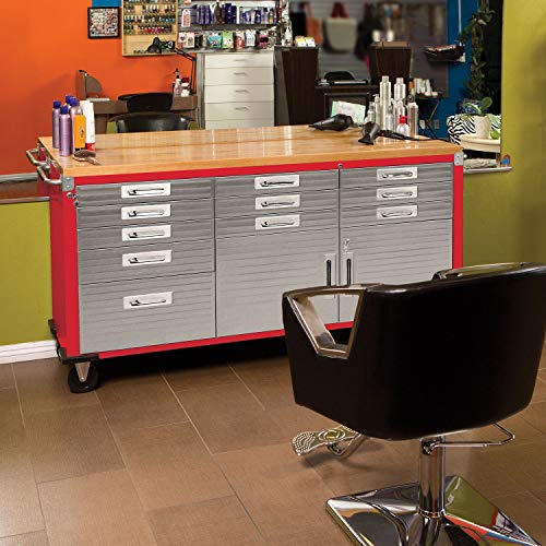 Seville Classics UltraHD Heavy Duty Rolling Cabinet Workbench Table w/Solid Wood Top, Workstation for Garage, Warehouse, Office, Workshop, 77" W x 20" D x 37.5" H, Red, 11-Drawer