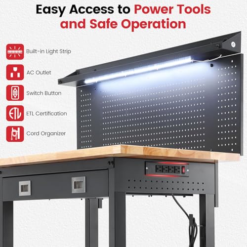 ENJOYWOOD 60" x 22" Heavy Duty Workbench Adjustable Height Garage Work Table with Solid Rubberwood Top, Wheels, Drawers, Pegboards & Power Outlets for Workshop, Home & Office